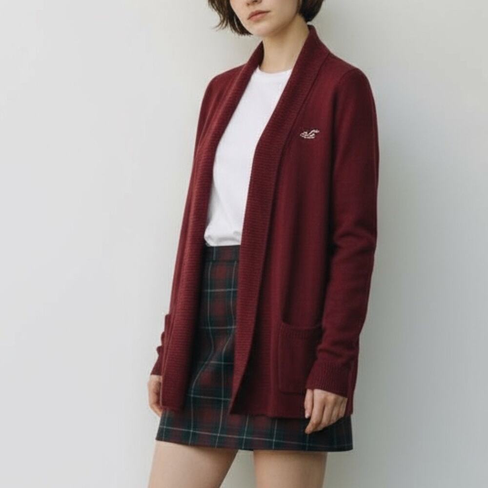 Hollister Shawl Collar Open Front Cardigan Med Burgundy Cotton Blend Rabbit Hair